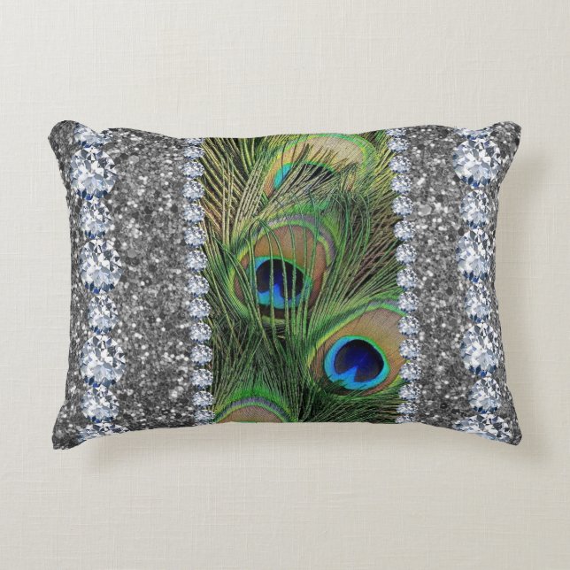 Interior Glitter Chic Silver Home Rose Peacock Decorative Cushion (Front)