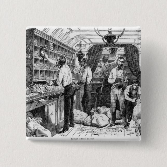 Interior of a French railway postal wagon 15 Cm Square Badge (Front)