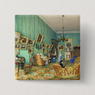 Interior of a living room, 1847 15 cm square badge