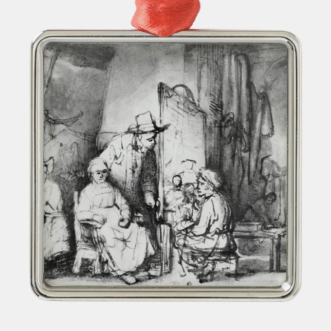 Interior of studio with painter painting metal ornament (Front)