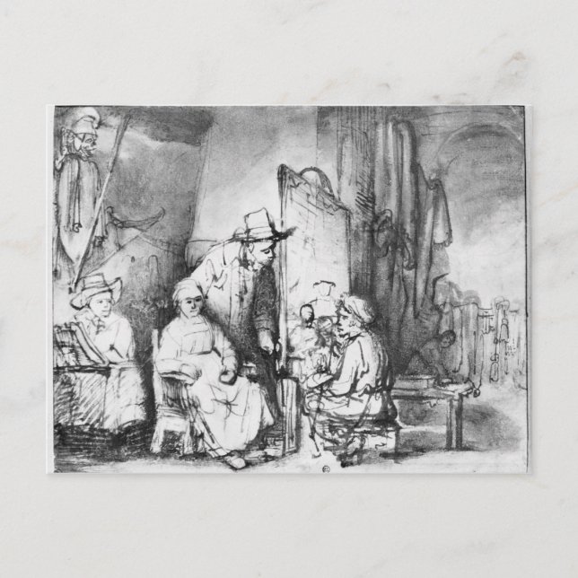 Interior of studio with painter painting postcard (Front)