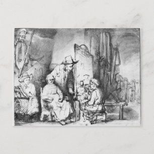 Interior of studio with painter painting postcard