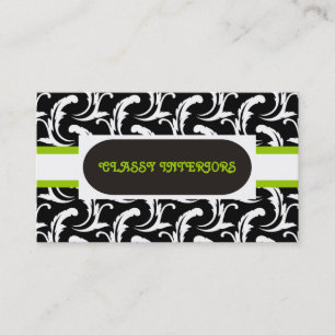 Interiors black, white, green damask business card