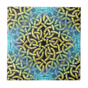Interlacing Victorian Golden Trim Aqua Background Ceramic Tile