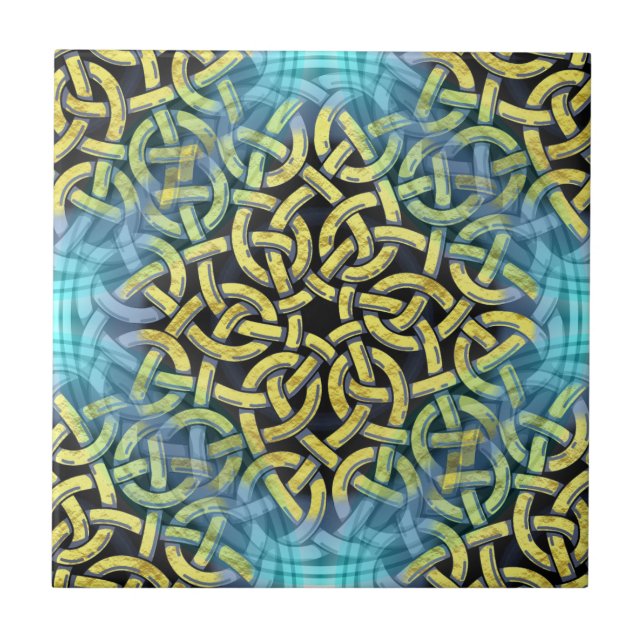 Interlacing Victorian Golden Trim Aqua Background Ceramic Tile (Front)