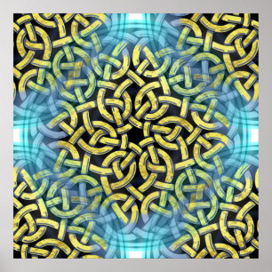 Interlacing Victorian Golden Trim Aqua Background Poster