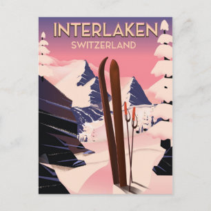 Interlaken Switzerland Ski travel poster. Postcard