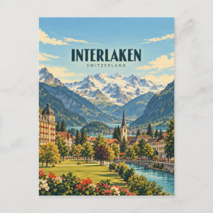 Interlaken Switzerland Vintage Travel Art Postcard