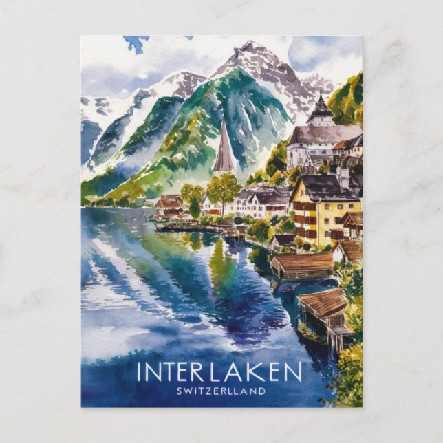 Interlaken Switzerland Watercolor Painting Postcard (Front)