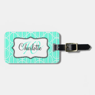 Interlinking oval pattern aqua name luggage tag
