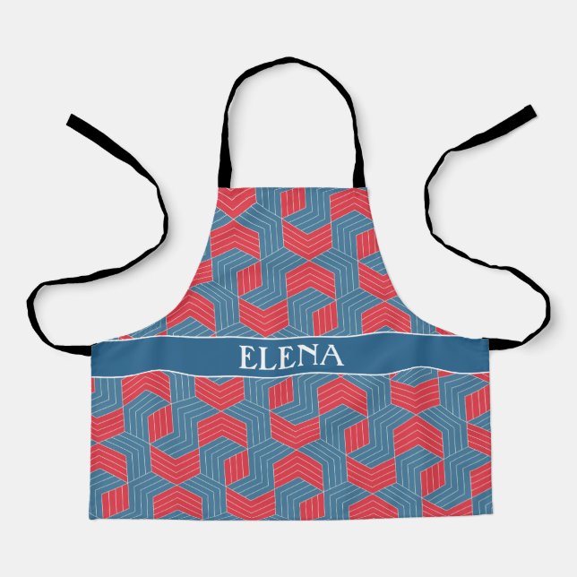 Interlocked hexagons Red Blue Minimal Pattern Apron (Front)