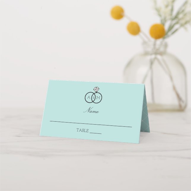 Interlocked Rings Robin's Egg Blue Monogrammed Place Card (Front)