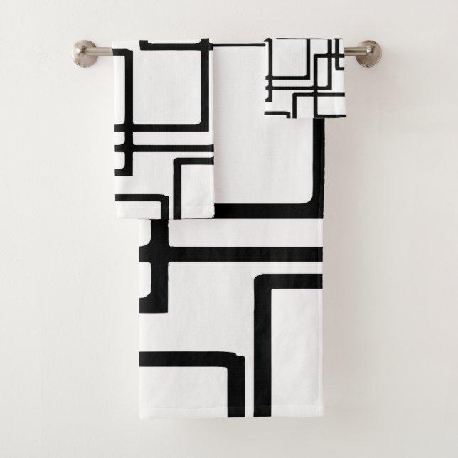 Interlocking Black Squares Artistic Design Bath Towel Set (Insitu)