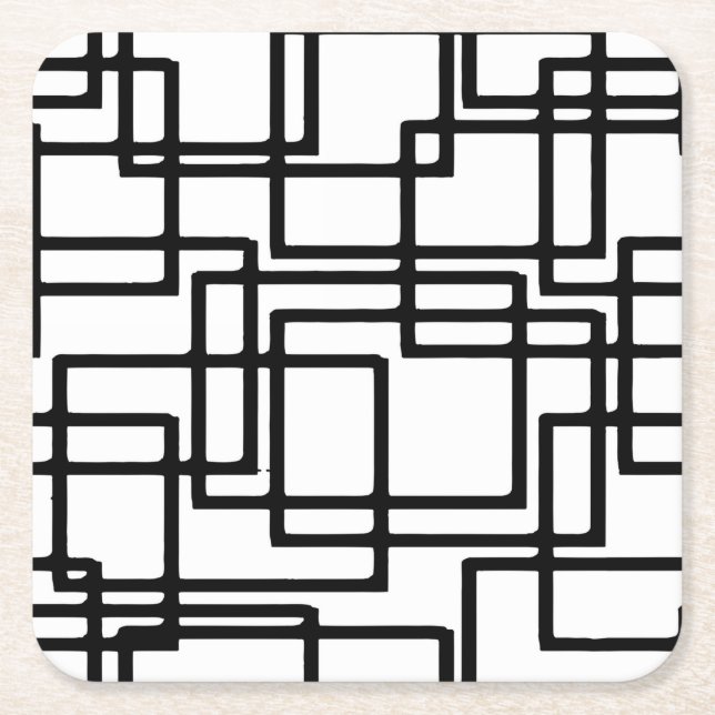 Interlocking Black Squares Artistic Design Square Paper Coaster (Front)