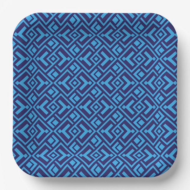 Interlocking Diamonds: Dark Blue Geometric Pattern Paper Plate (Front)