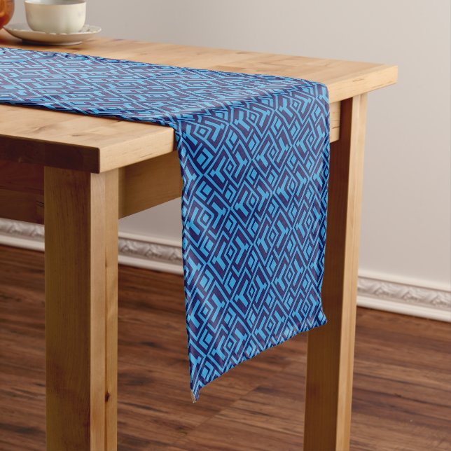 Interlocking Diamonds: Dark Blue Geometric Pattern Short Table Runner (In Situ)