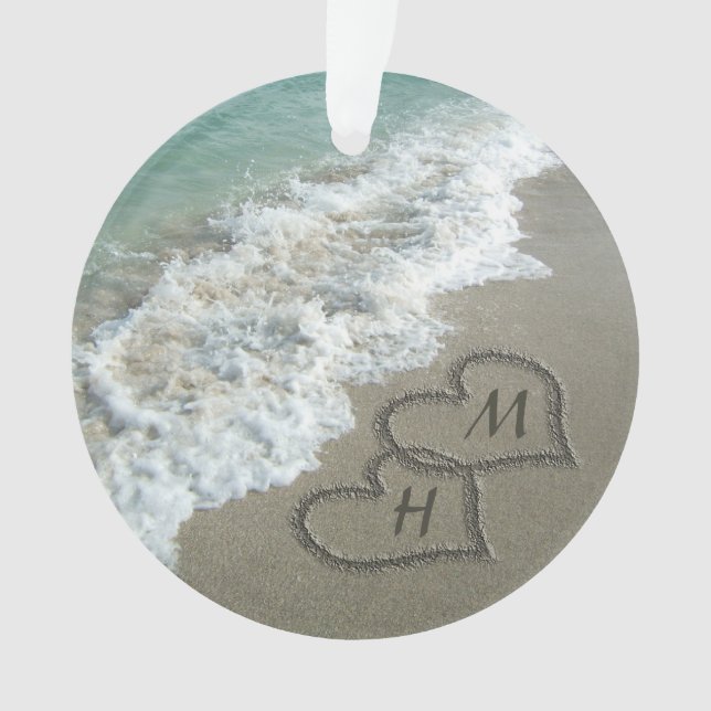 Interlocking Hearts on Beach Sand Ornament (Front)