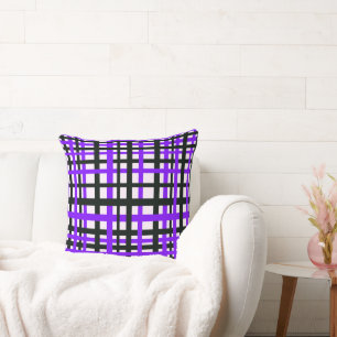 Interlocking Stripes Black White Purple Cushion