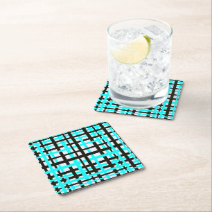 Interlocking Stripes Black White Teal Square Paper Coaster