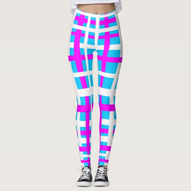 Interlocking Stripes White Pink Light Blue Leggings (Front)