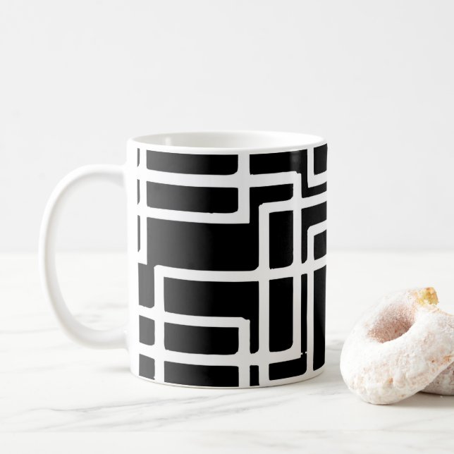 Interlocking White Squares Artistic Design Coffee Mug (With Donut)