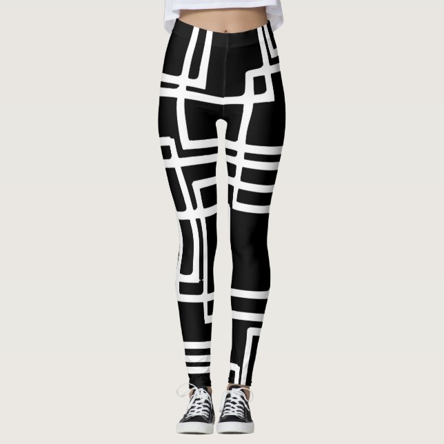 Interlocking White Squares Artistic Design Leggings (Front)