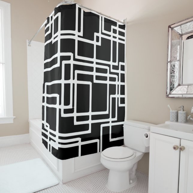 Interlocking White Squares Artistic Design Shower Curtain (In Situ)