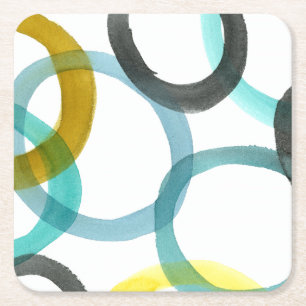 Interlocking Yellow & Blue Circles Square Paper Coaster