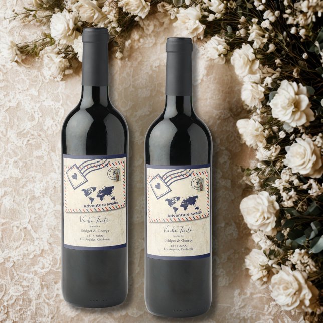 International Adventure Rustic Destination Wedding Wine Label (Creator Uploaded)