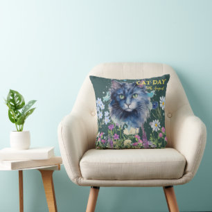 International Cat Day Watercolor Wildflower Cushion