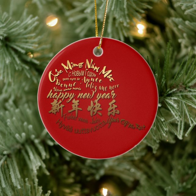 International Gold Wishes Rat New Year 2020 CRO Ceramic Ornament (Tree)