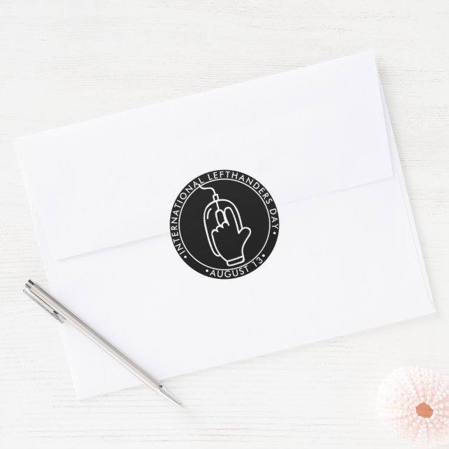 International Lefthanders Day, lefthanded mouse Classic Round Sticker (Envelope)