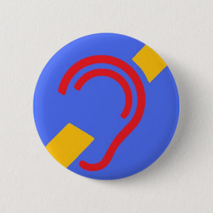International Symbol for Deaf, Red, Yellow on Blue 6 Cm Round Badge