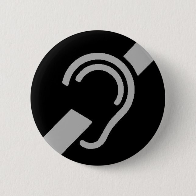 International Symbol for Deaf, Silver on Black 6 Cm Round Badge (Front)