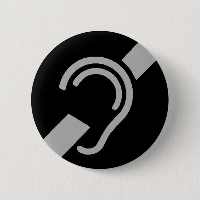 International Symbol for Deaf, Silver on Black 6 Cm Round Badge (Front)