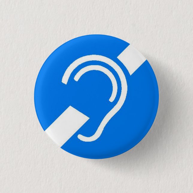 International Symbol for Deaf White on Blue 3 Cm Round Badge (Front)
