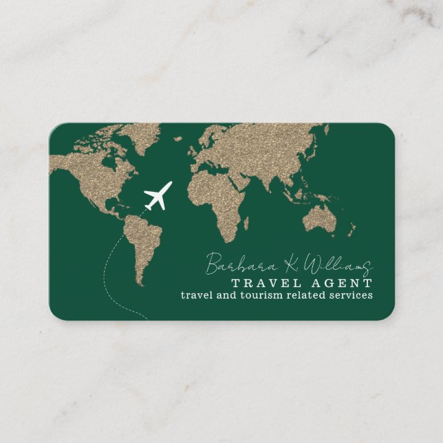 International Travel Agent World Map dark-green Business Card (Front)