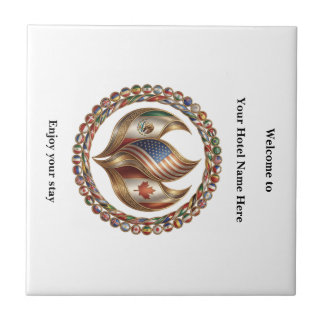 International Unity Flame with World Flags Emblem Ceramic Tile