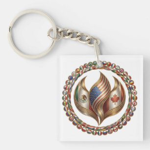 International Unity Flame with World Flags Emblem Key Ring