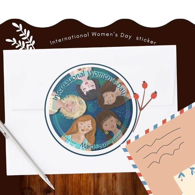 International Women's Day hand drawn in Blue Classic Round Sticker (International Women's Day hand drawn in Blue Classic Round Sticker)