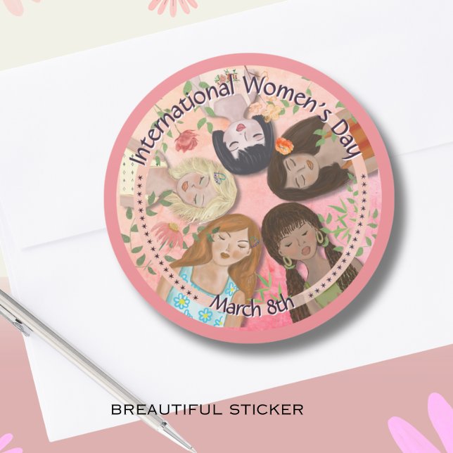 International Women's Day Pink Feminine Portraits Classic Round Sticker (International Women's Day Pink Feminine Portraits Classic Round Sticker)