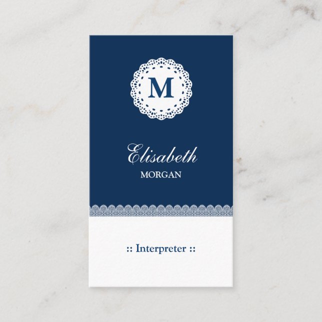 Interpreter Blue White Lace Monogram Business Card (Front)