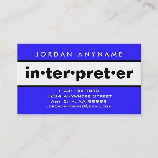 Interpreter Bold Blue and White Business Card (Front)
