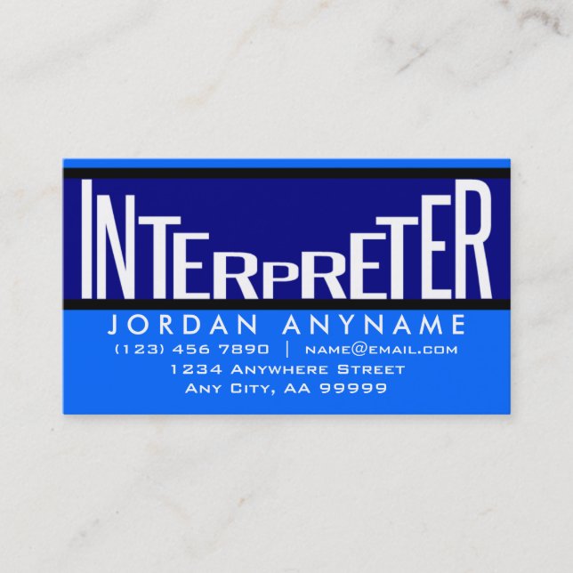Interpreter Funky Text Blue Business Card (Front)