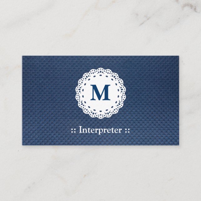 Interpreter - Lace Monogram Blue Pattern Business Card (Front)