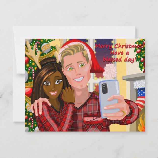 Interracial Couple Christmas Greeting Card (Front)