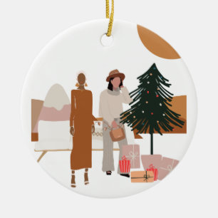 Interracial Female Couple Christmas Ceramic Ornament