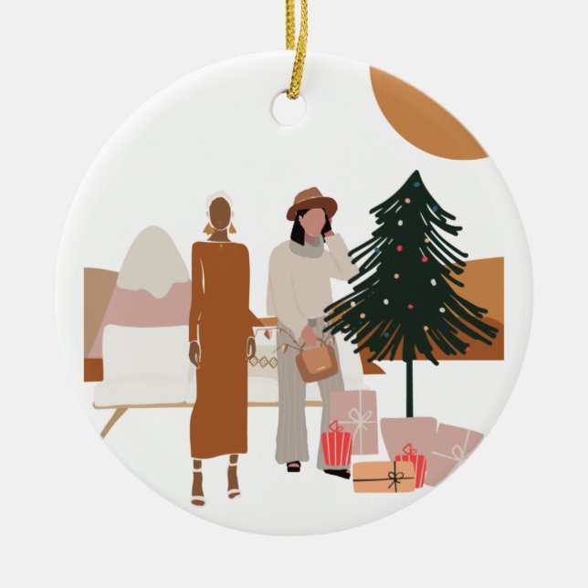 Interracial Female Couple Christmas Ceramic Ornament (Front)