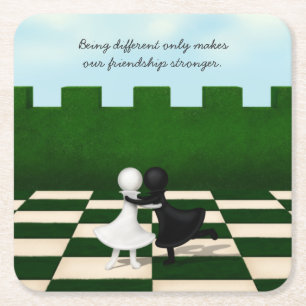 Interracial Friendship Cute Pawns Hug Chessboard Square Paper Coaster