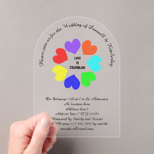 Interracial Love Rainbow Hearts Custom Wedding Acrylic Invitations